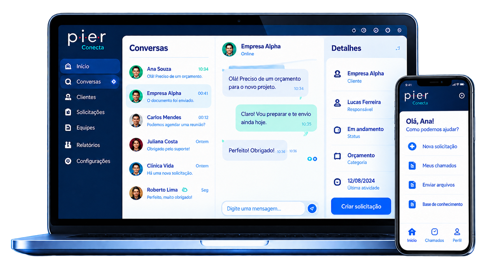 Píer Conecta: conversas e detalhes do atendimento no computador e solicitações no celular